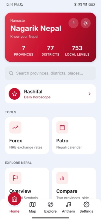 Nagarik Nepal app home screen with quick access to rashifal, forex, and the province explorer