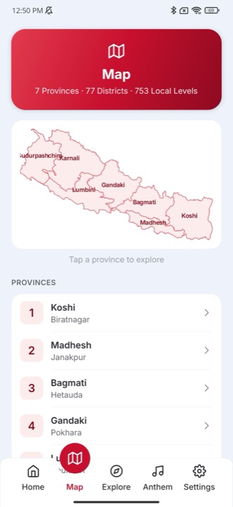Interactive map of Nepal's 7 provinces, also available in the free Nagarik Nepal app