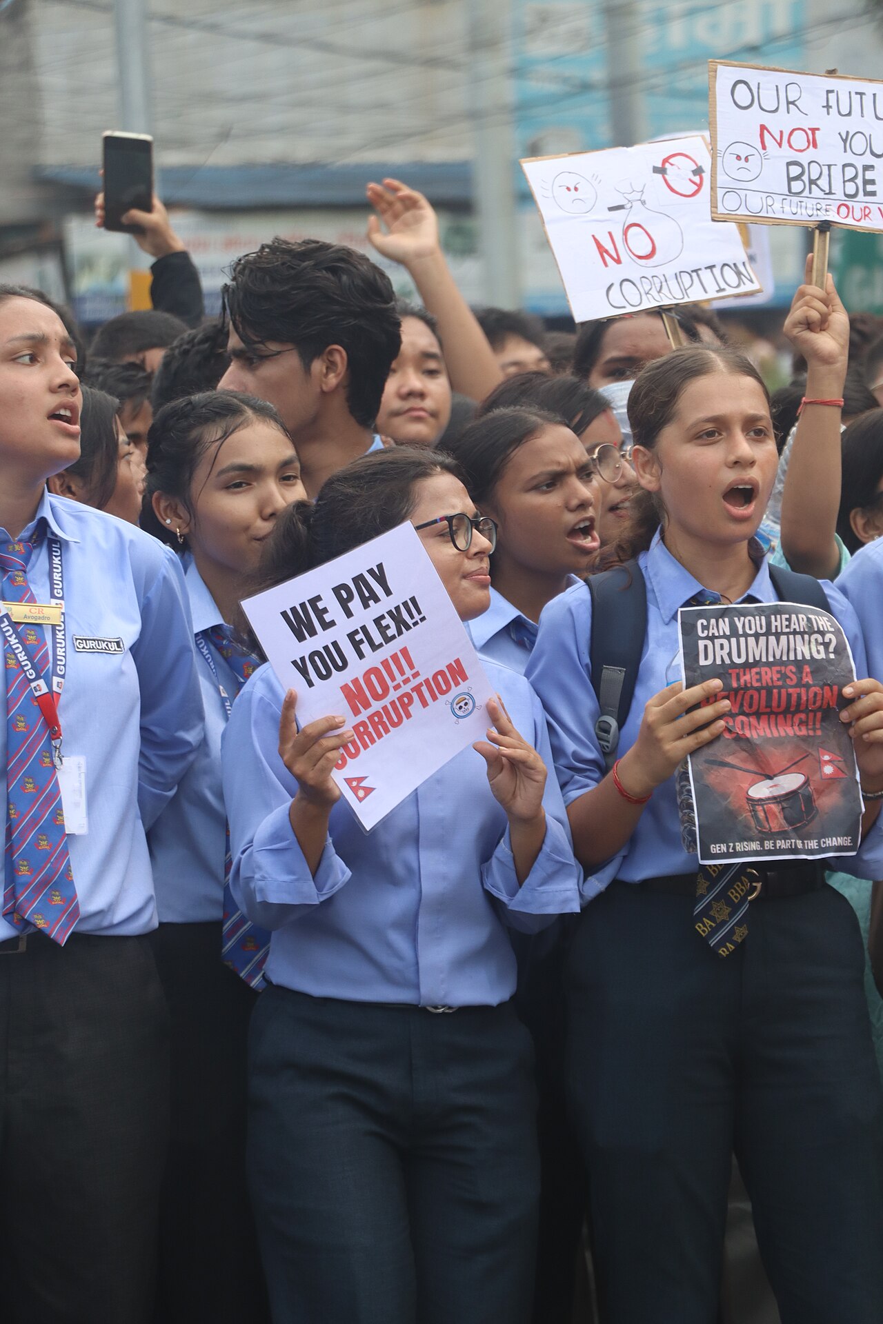 A crowd of Gen Z protesters filling a street in Chitwan, Nepal, on September 8, 2025