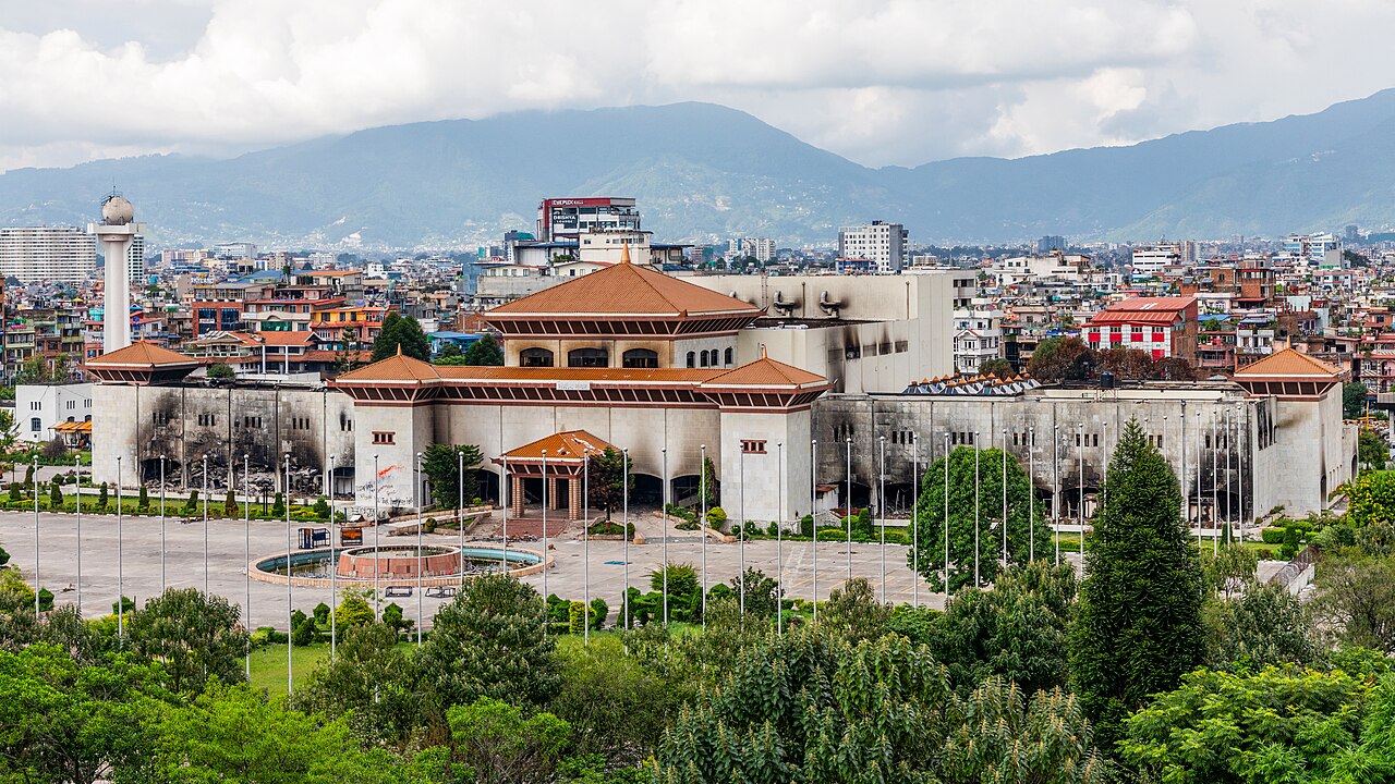 The burned-out shell of Nepal's Federal Parliament building in New Baneshwor, Kathmandu, photographed in September 2025